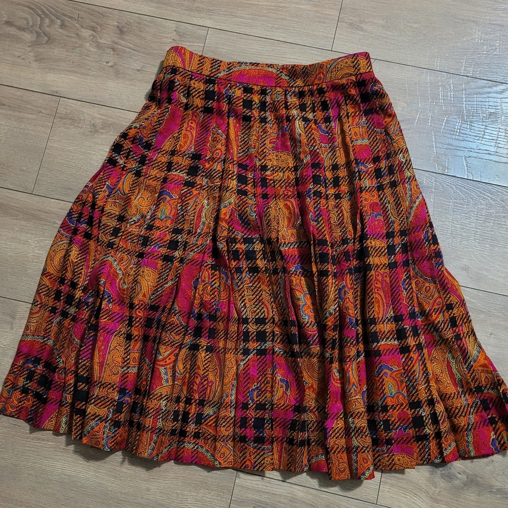 Carlisle Pleated Silk Colorful Skirt Plaid Paisley 6